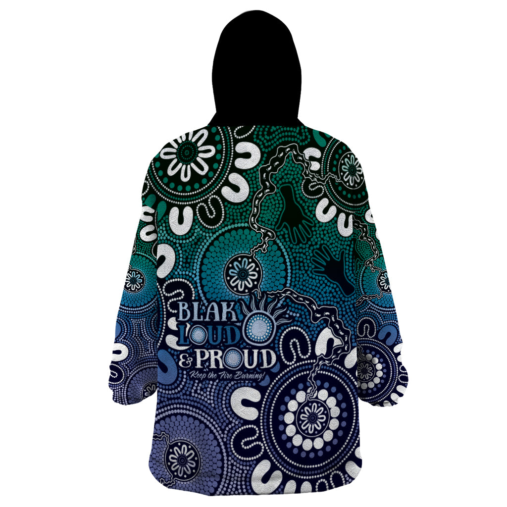 NAIDOC Week 2024 Fire Burning Wearable Blanket Hoodie Aboriginal Dots Blue Art - Vibe Hoodie Shop