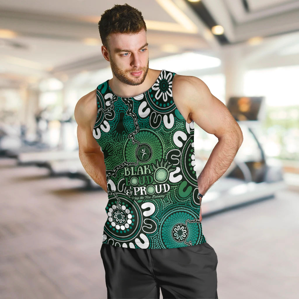 NAIDOC Week 2024 Fire Burning Men Tank Top Aboriginal Dots Green Art - Vibe Hoodie Shop