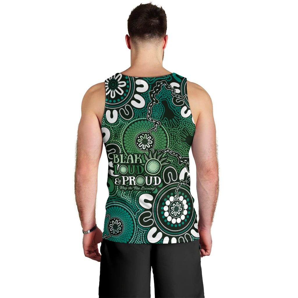 NAIDOC Week 2024 Fire Burning Men Tank Top Aboriginal Dots Green Art - Vibe Hoodie Shop