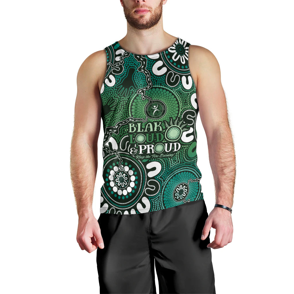 NAIDOC Week 2024 Fire Burning Men Tank Top Aboriginal Dots Green Art - Vibe Hoodie Shop