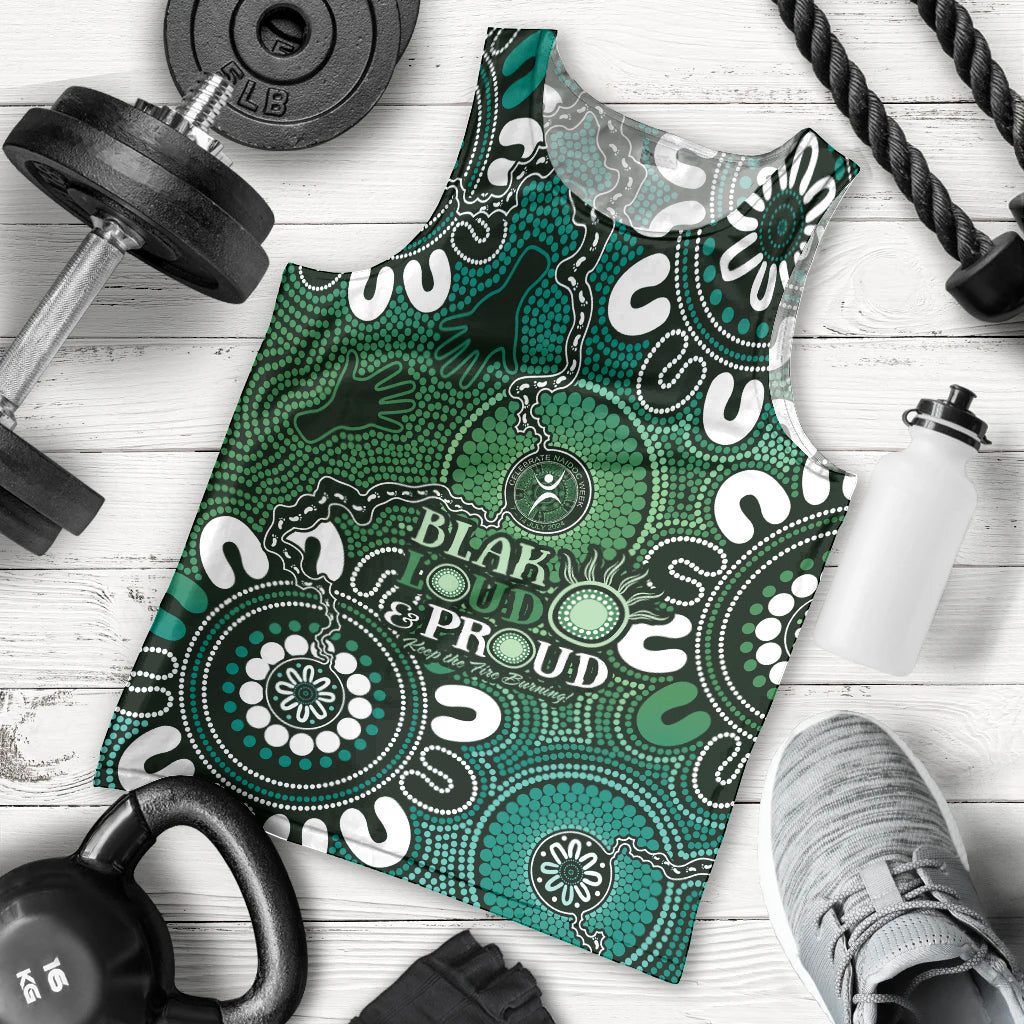 NAIDOC Week 2024 Fire Burning Men Tank Top Aboriginal Dots Green Art - Vibe Hoodie Shop