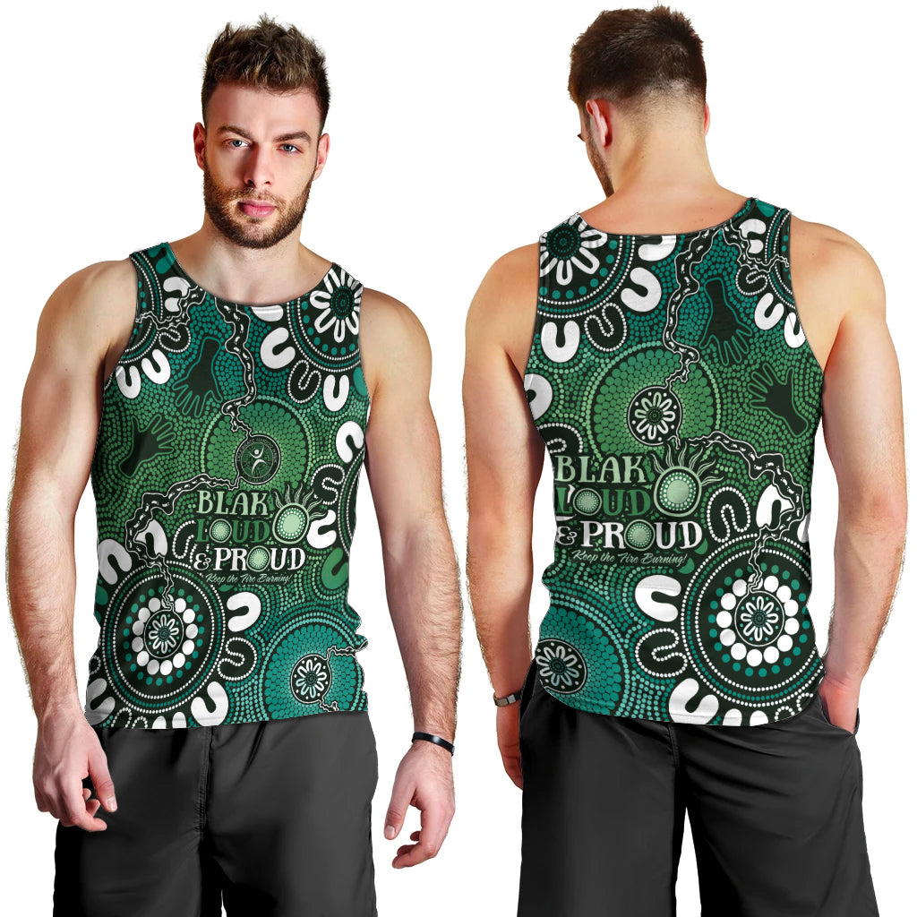 NAIDOC Week 2024 Fire Burning Men Tank Top Aboriginal Dots Green Art - Vibe Hoodie Shop