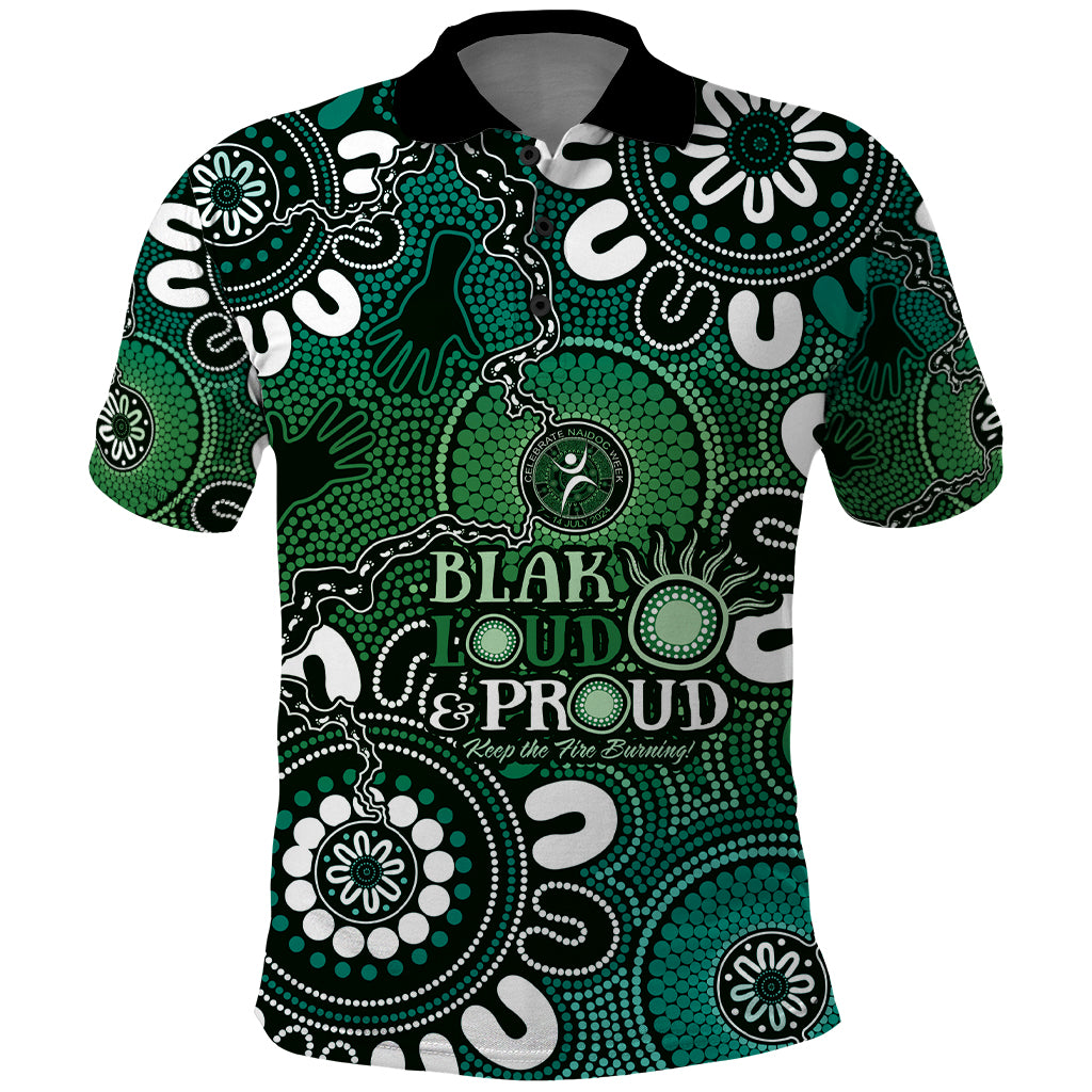 NAIDOC Week 2024 Fire Burning Polo Shirt Aboriginal Dots Green Art LT9 - Vibe Hoodie Shop