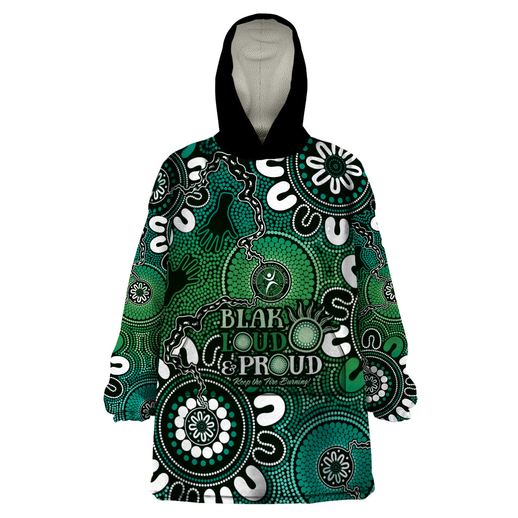 NAIDOC Week 2024 Fire Burning Wearable Blanket Hoodie Aboriginal Dots Green Art - Vibe Hoodie Shop