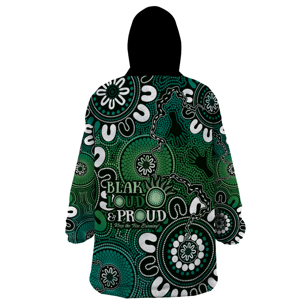 NAIDOC Week 2024 Fire Burning Wearable Blanket Hoodie Aboriginal Dots Green Art - Vibe Hoodie Shop