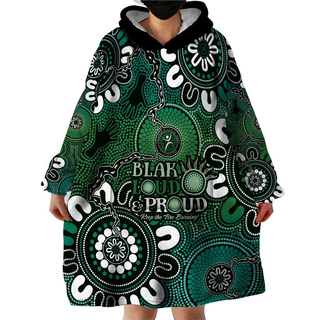 NAIDOC Week 2024 Fire Burning Wearable Blanket Hoodie Aboriginal Dots Green Art - Vibe Hoodie Shop