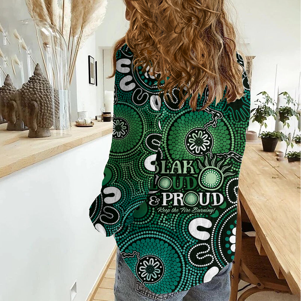 NAIDOC Week 2024 Fire Burning Women Casual Shirt Aboriginal Dots Green Art - Vibe Hoodie Shop