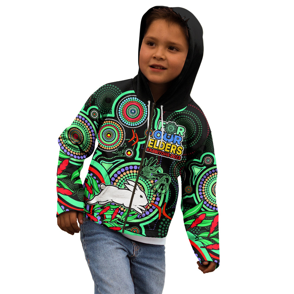 (Custom Text And Number) NAIDOC 2023 Rabbitohs Rugby Kid Hoodie The Bunnies Indigenous Tribal - Vibe Hoodie Shop