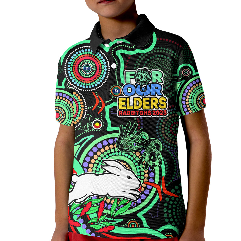 (Custom Text And Number) NAIDOC 2023 Rabbitohs Rugby Kid Polo Shirt The Bunnies Indigenous Tribal - Vibe Hoodie Shop