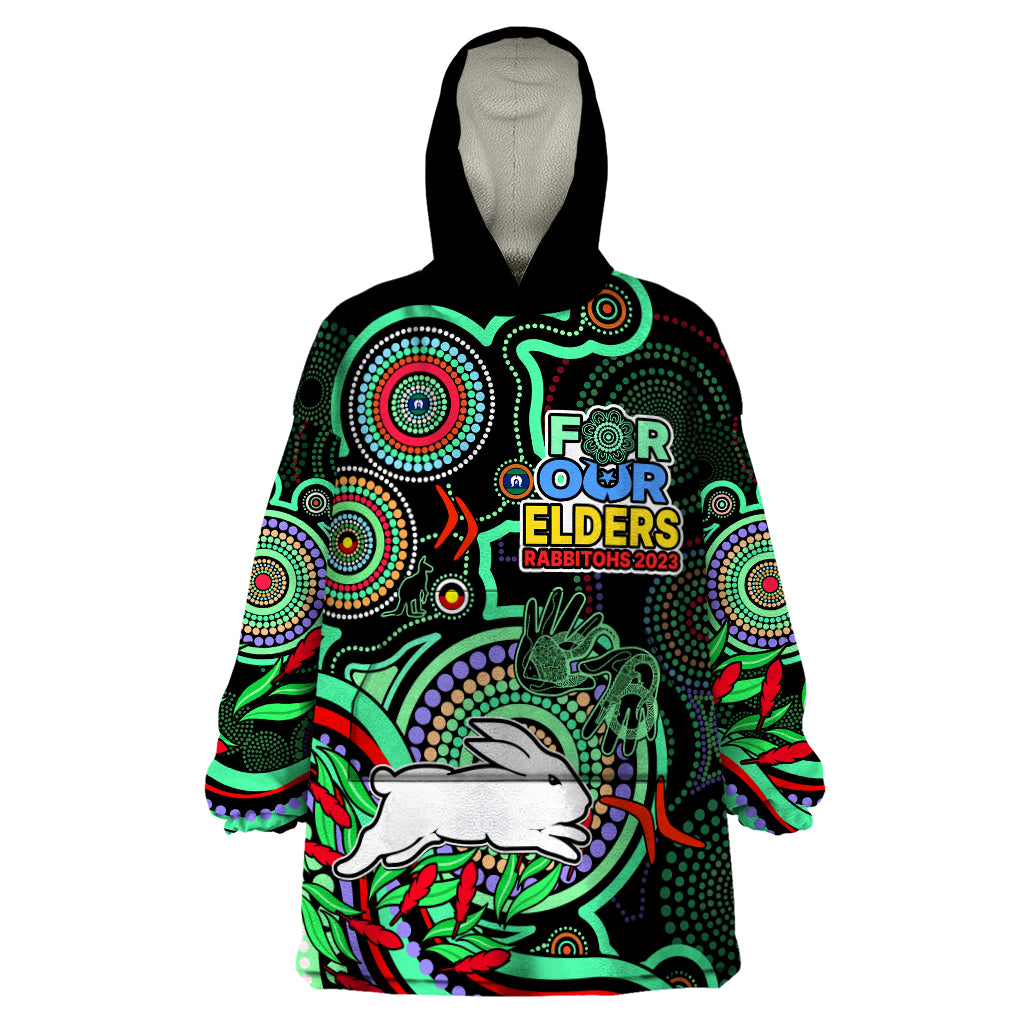 (Custom Text And Number) NAIDOC 2023 Rabbitohs Rugby Wearable Blanket Hoodie The Bunnies Indigenous Tribal - Vibe Hoodie Shop