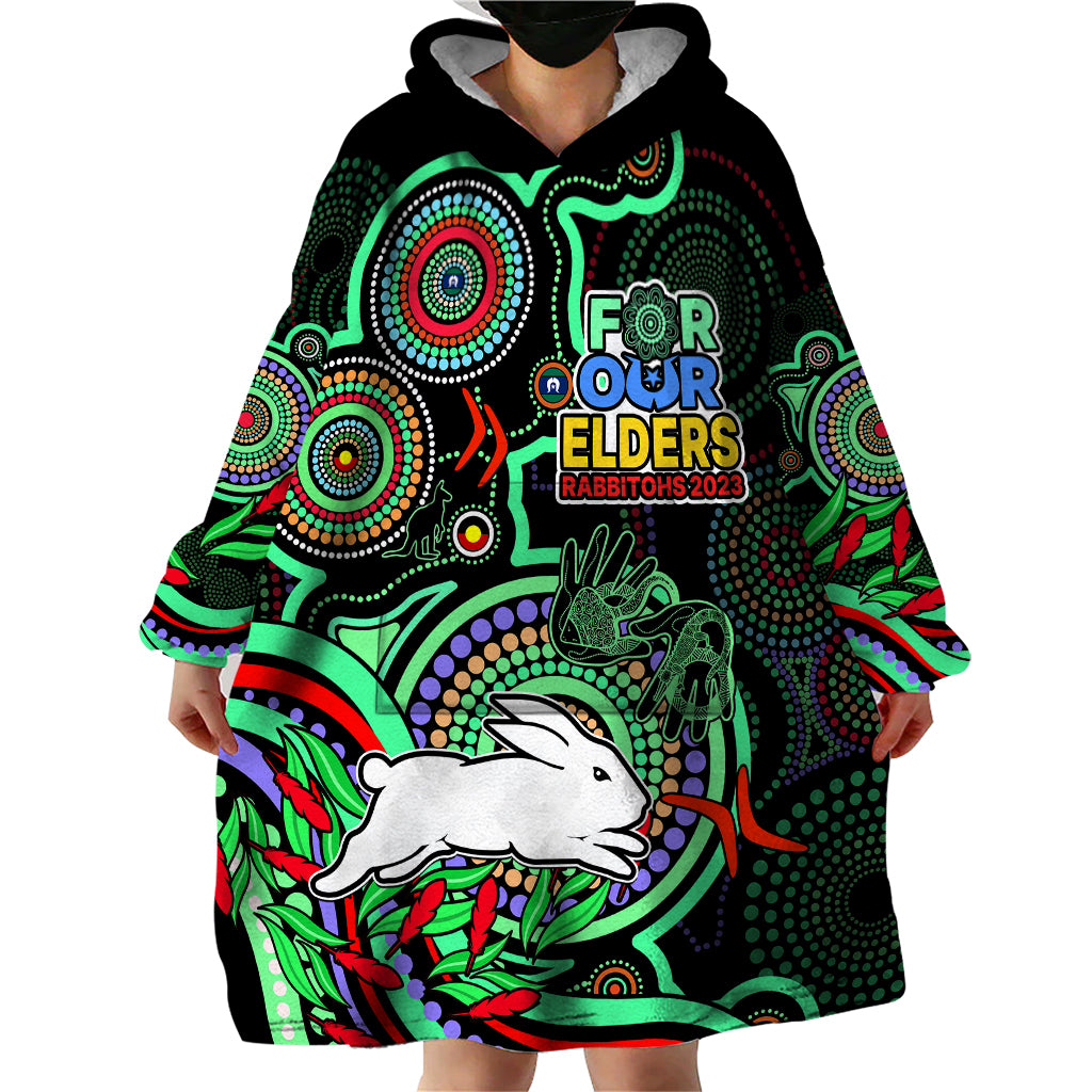 (Custom Text And Number) NAIDOC 2023 Rabbitohs Rugby Wearable Blanket Hoodie The Bunnies Indigenous Tribal - Vibe Hoodie Shop