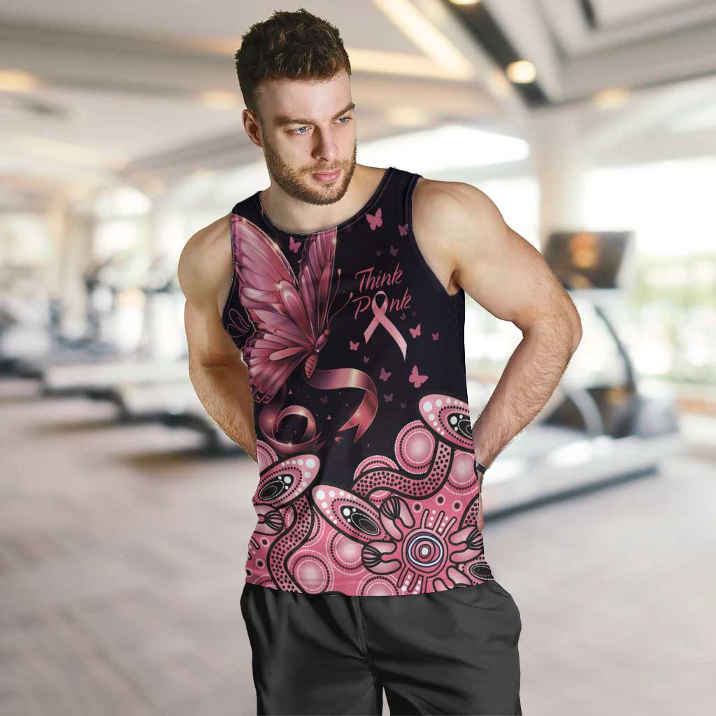 Think Pink Butterfly Ribbon Aboriginal Art Men Tank Top - Vibe Hoodie Shop