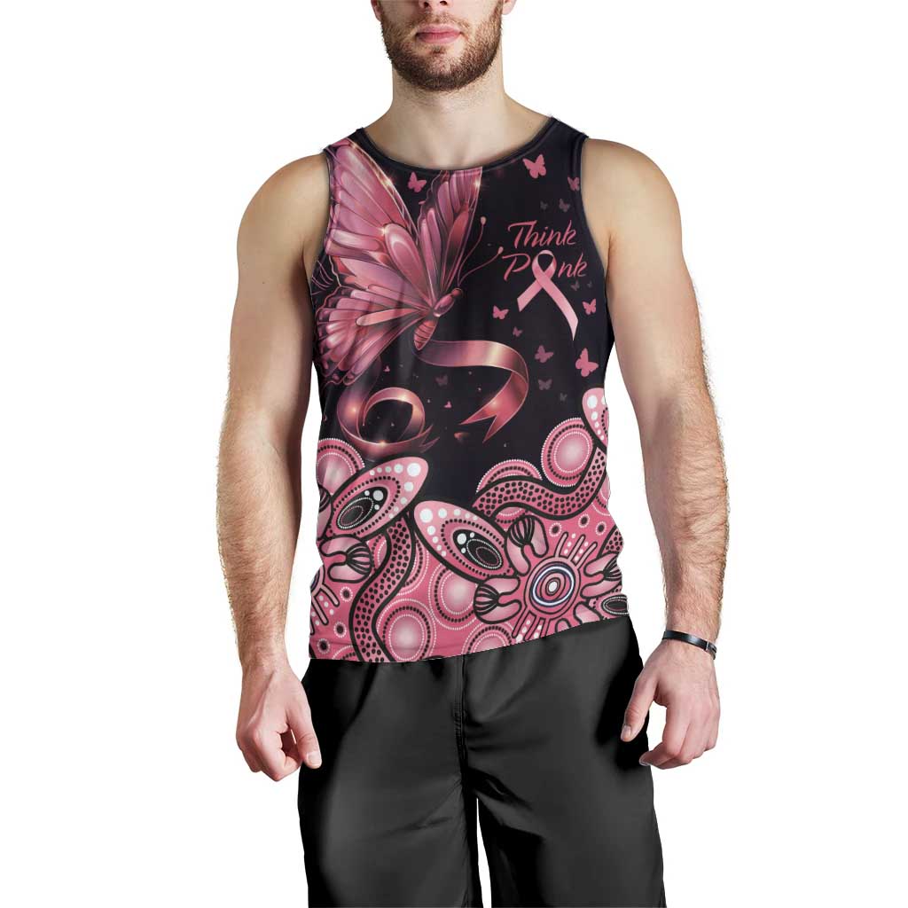 Think Pink Butterfly Ribbon Aboriginal Art Men Tank Top - Vibe Hoodie Shop