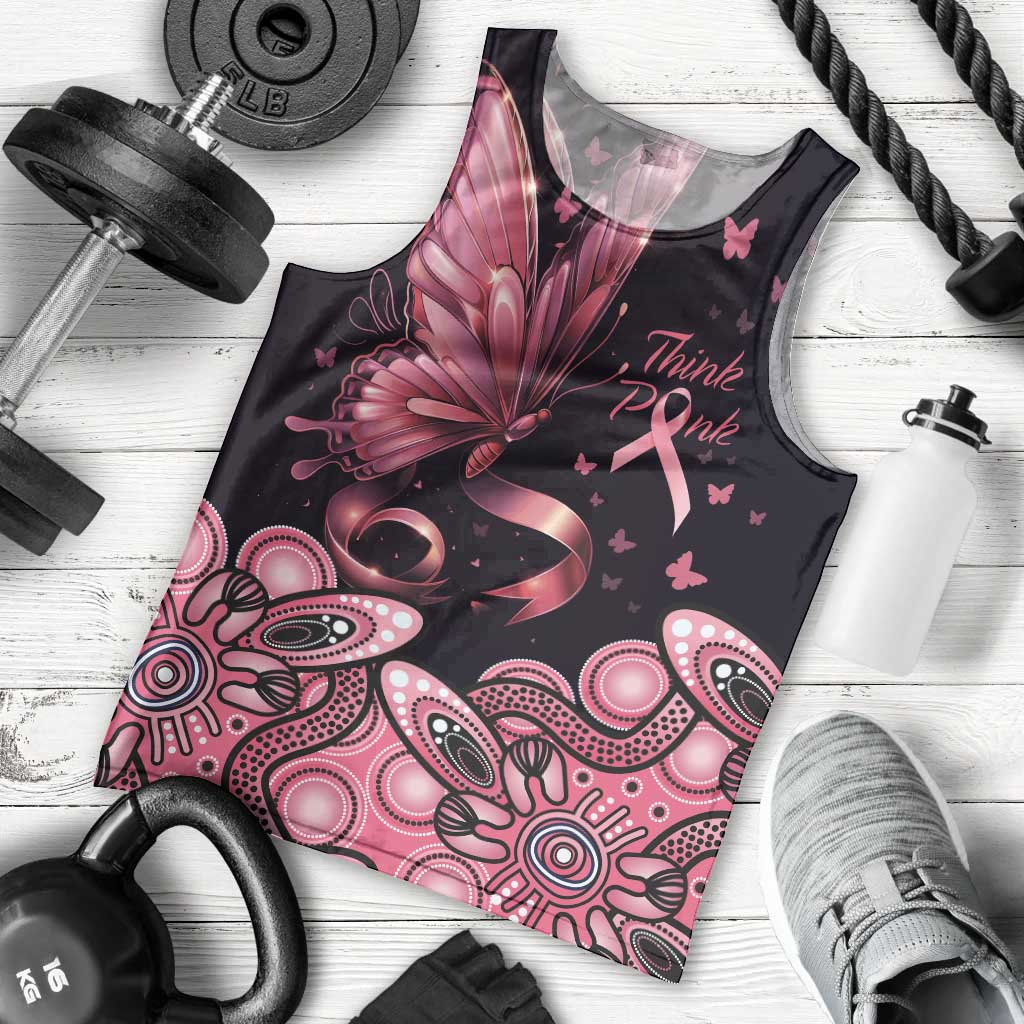 Think Pink Butterfly Ribbon Aboriginal Art Men Tank Top - Vibe Hoodie Shop