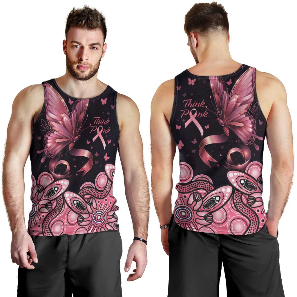 Think Pink Butterfly Ribbon Aboriginal Art Men Tank Top - Vibe Hoodie Shop