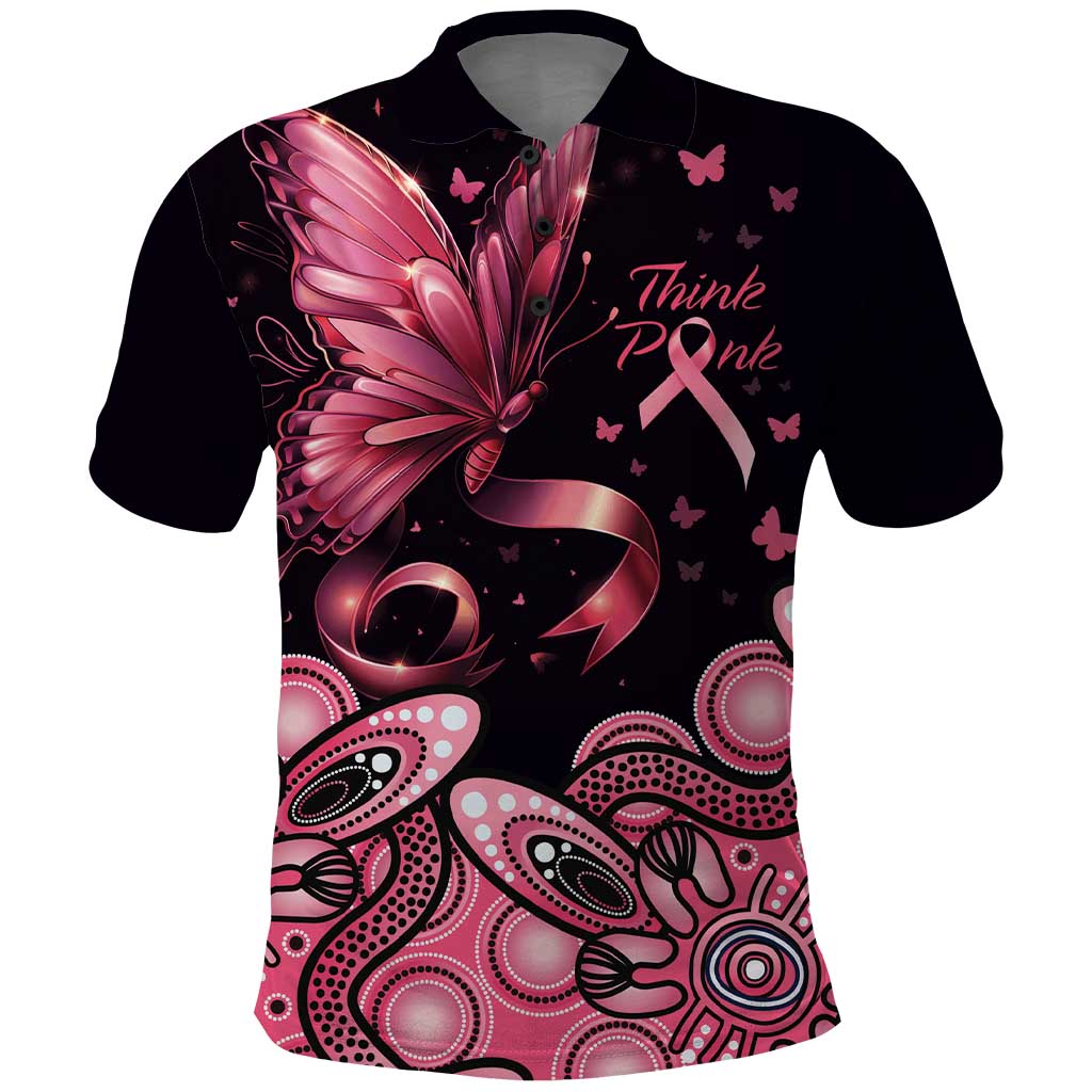 Think Pink Butterfly Ribbon Aboriginal Art Polo Shirt LT9 - Vibe Hoodie Shop