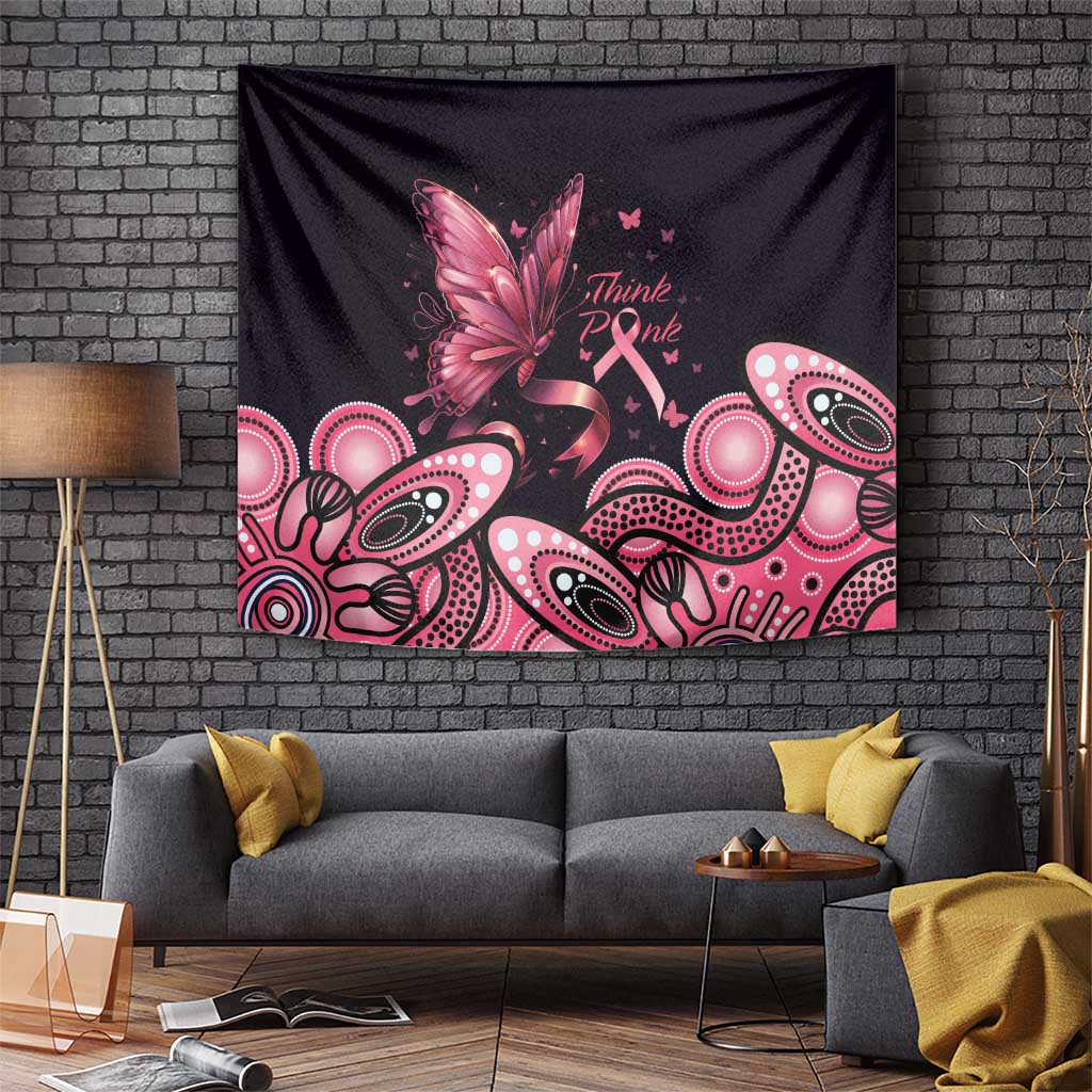 Think Pink Butterfly Ribbon Aboriginal Art Tapestry - Vibe Hoodie Shop