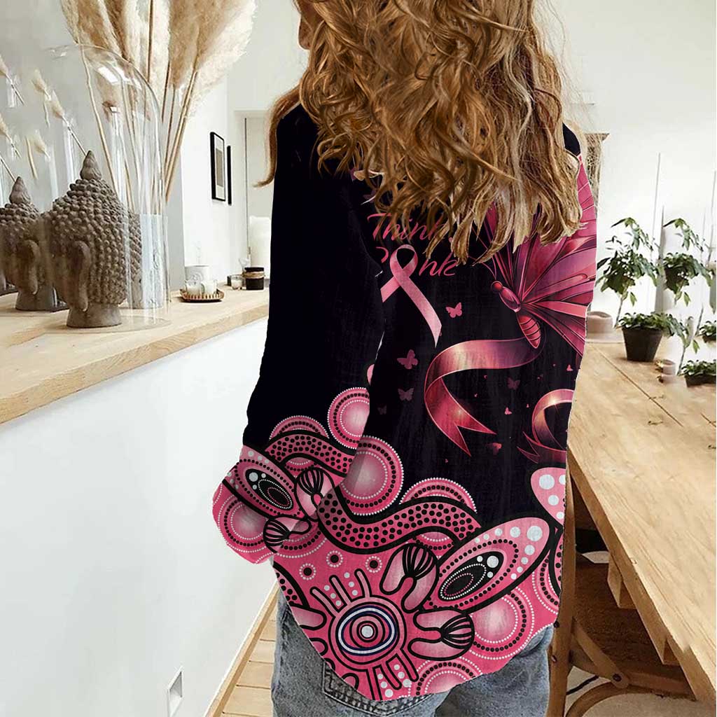 Think Pink Butterfly Ribbon Aboriginal Art Women Casual Shirt - Vibe Hoodie Shop