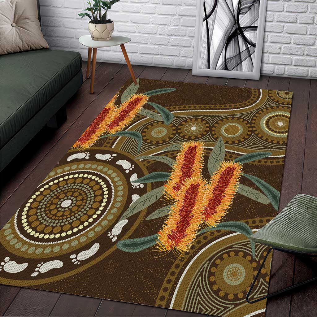 Australian Yellow Banksia Flowers Area Rug Aboriginal Dot Art - Vibe Hoodie Shop