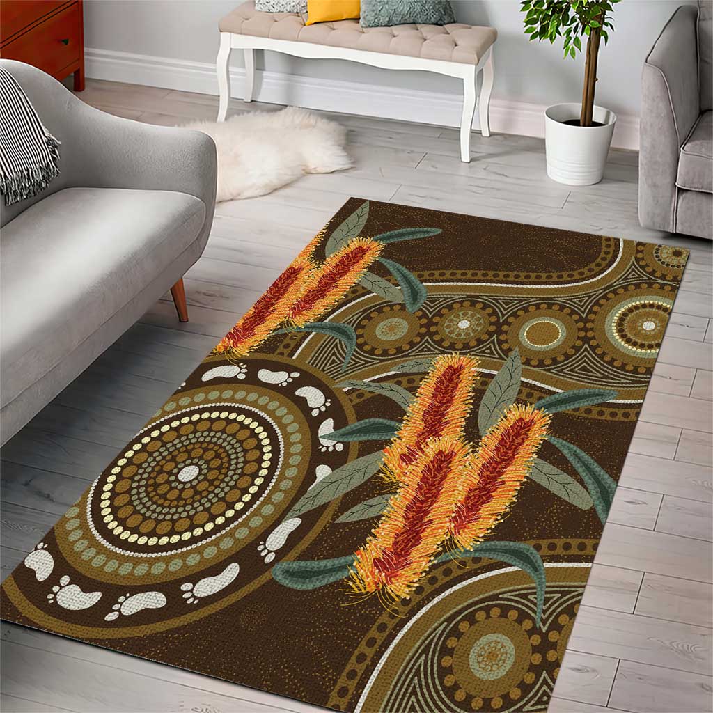 Australian Yellow Banksia Flowers Area Rug Aboriginal Dot Art - Vibe Hoodie Shop