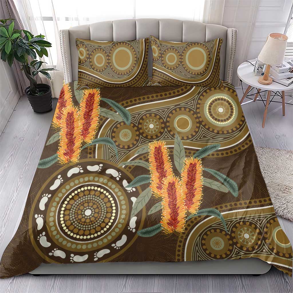 Australian Yellow Banksia Flowers Bedding Set Aboriginal Dot Art - Vibe Hoodie Shop