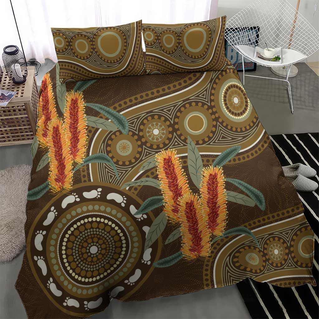 Australian Yellow Banksia Flowers Bedding Set Aboriginal Dot Art - Vibe Hoodie Shop