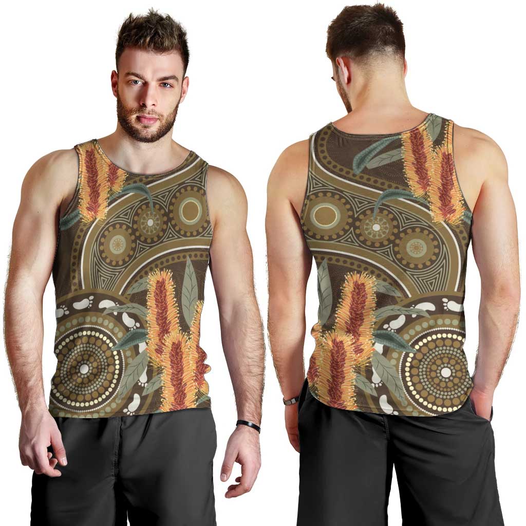 Australian Yellow Banksia Flowers Men Tank Top Aboriginal Dot Art - Vibe Hoodie Shop