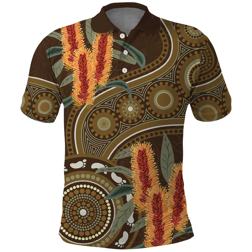 Australian Yellow Banksia Flowers Polo Shirt Aboriginal Dot Art LT9 - Vibe Hoodie Shop