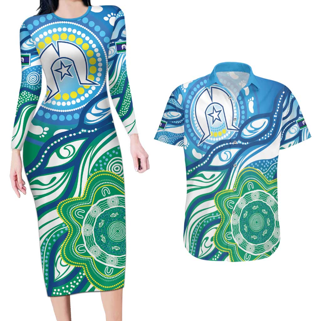 Torres Strait Islander Couples Matching Long Sleeve Bodycon Dress and Hawaiian Shirt Aboriginal Blue Art