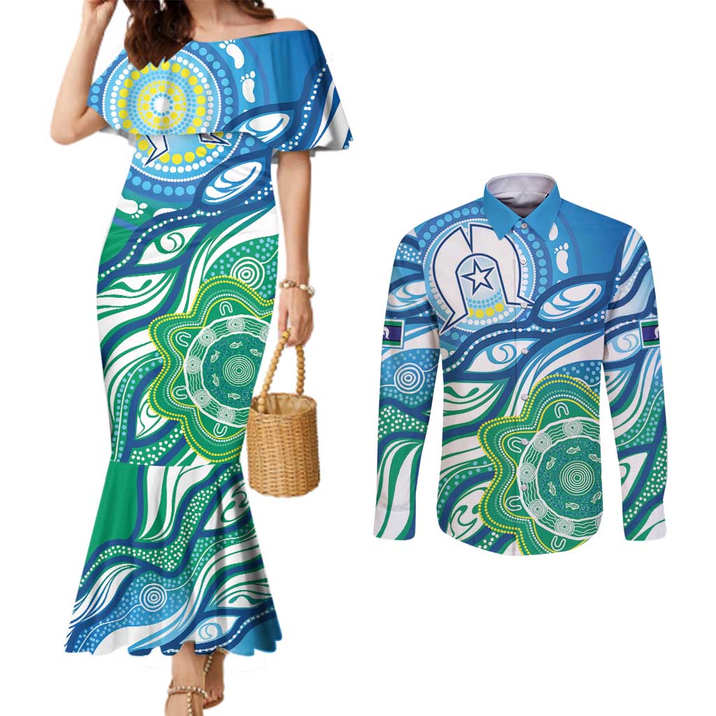 Torres Strait Islander Couples Matching Mermaid Dress and Long Sleeve Button Shirt Aboriginal Blue Art