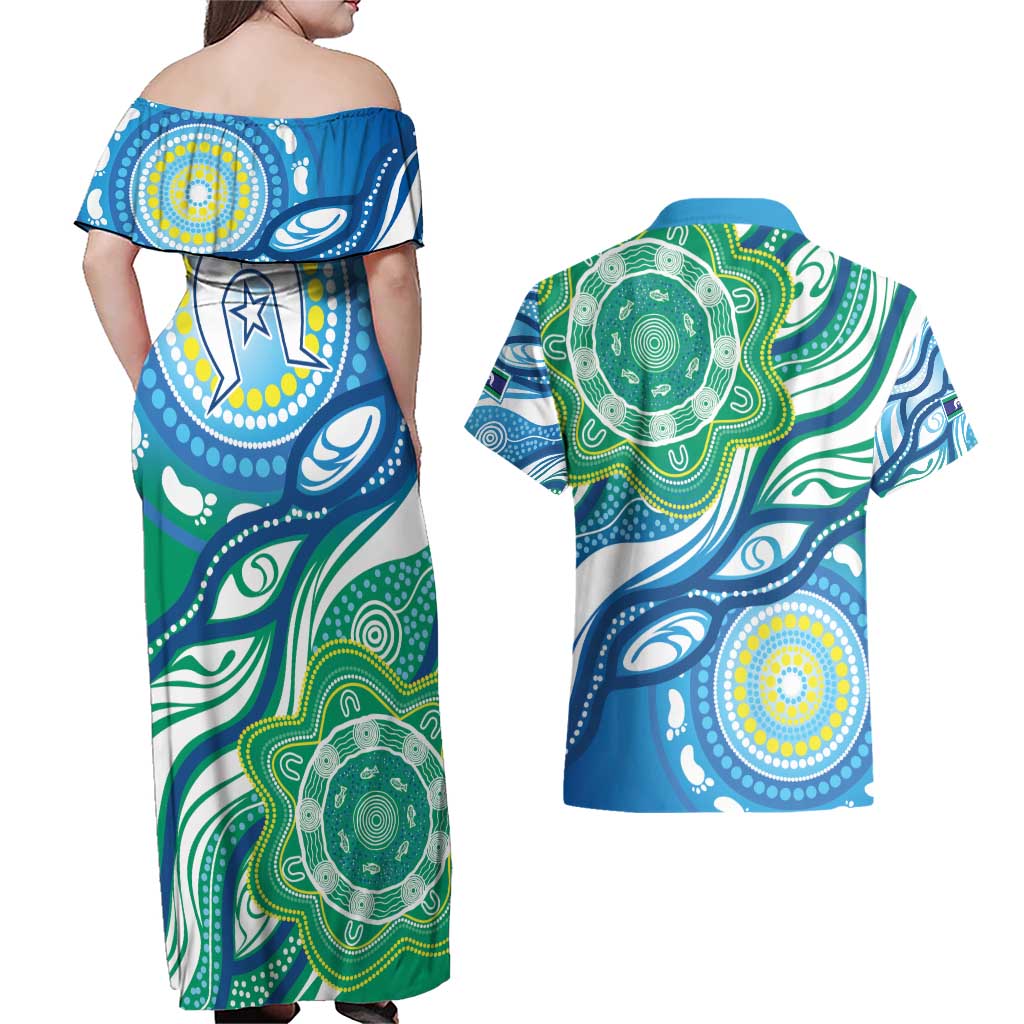 Torres Strait Islander Couples Matching Off Shoulder Maxi Dress and Hawaiian Shirt Aboriginal Blue Art