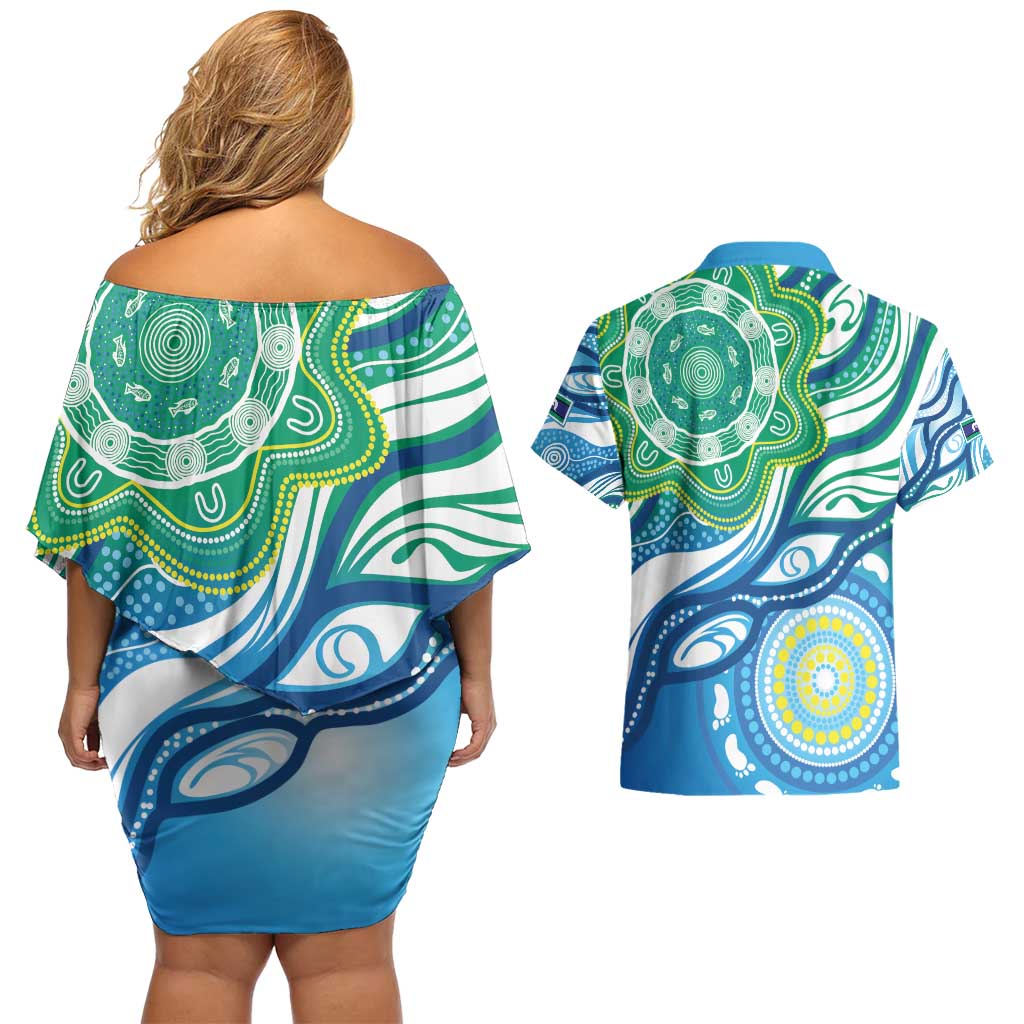 Torres Strait Islander Couples Matching Off Shoulder Short Dress and Hawaiian Shirt Aboriginal Blue Art