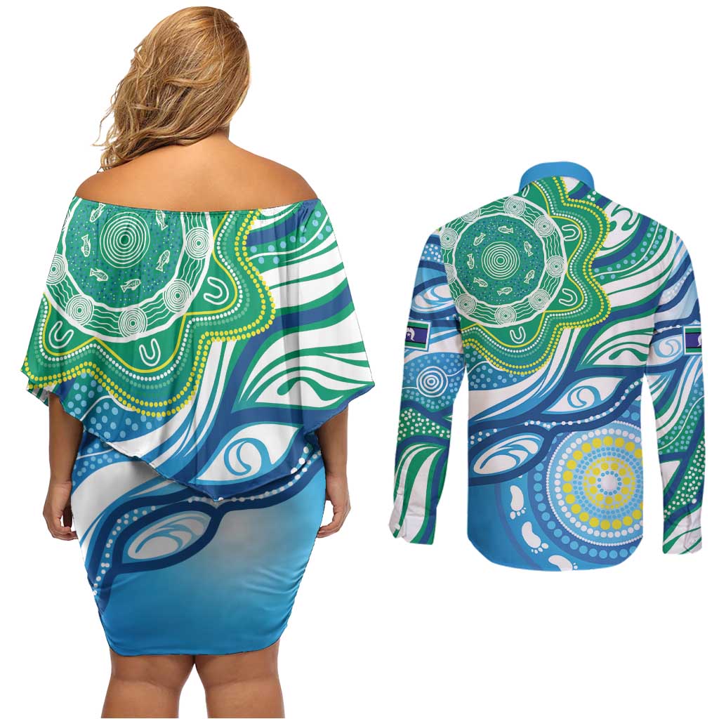 Torres Strait Islander Couples Matching Off Shoulder Short Dress and Long Sleeve Button Shirt Aboriginal Blue Art