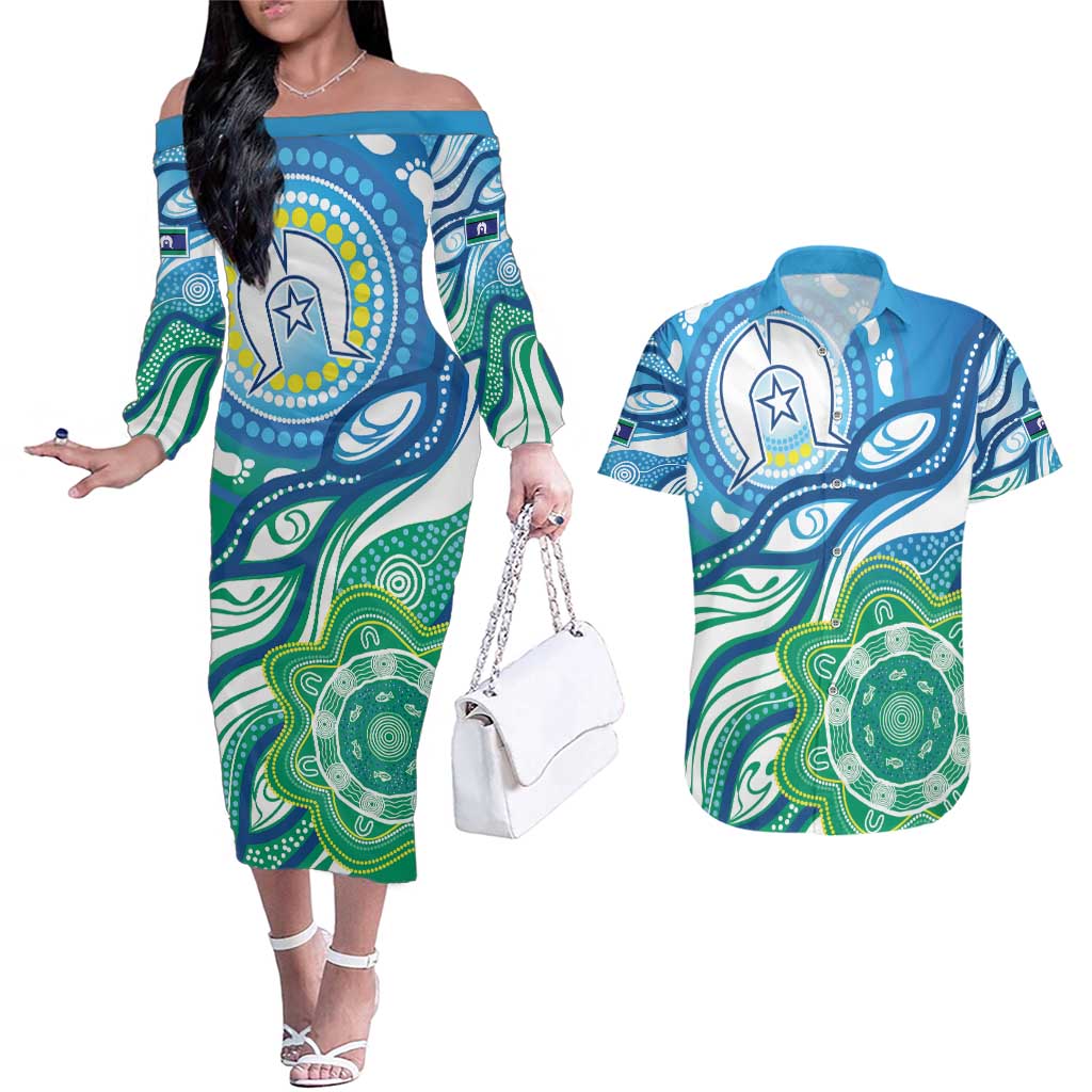 Torres Strait Islander Couples Matching Off The Shoulder Long Sleeve Dress and Hawaiian Shirt Aboriginal Blue Art