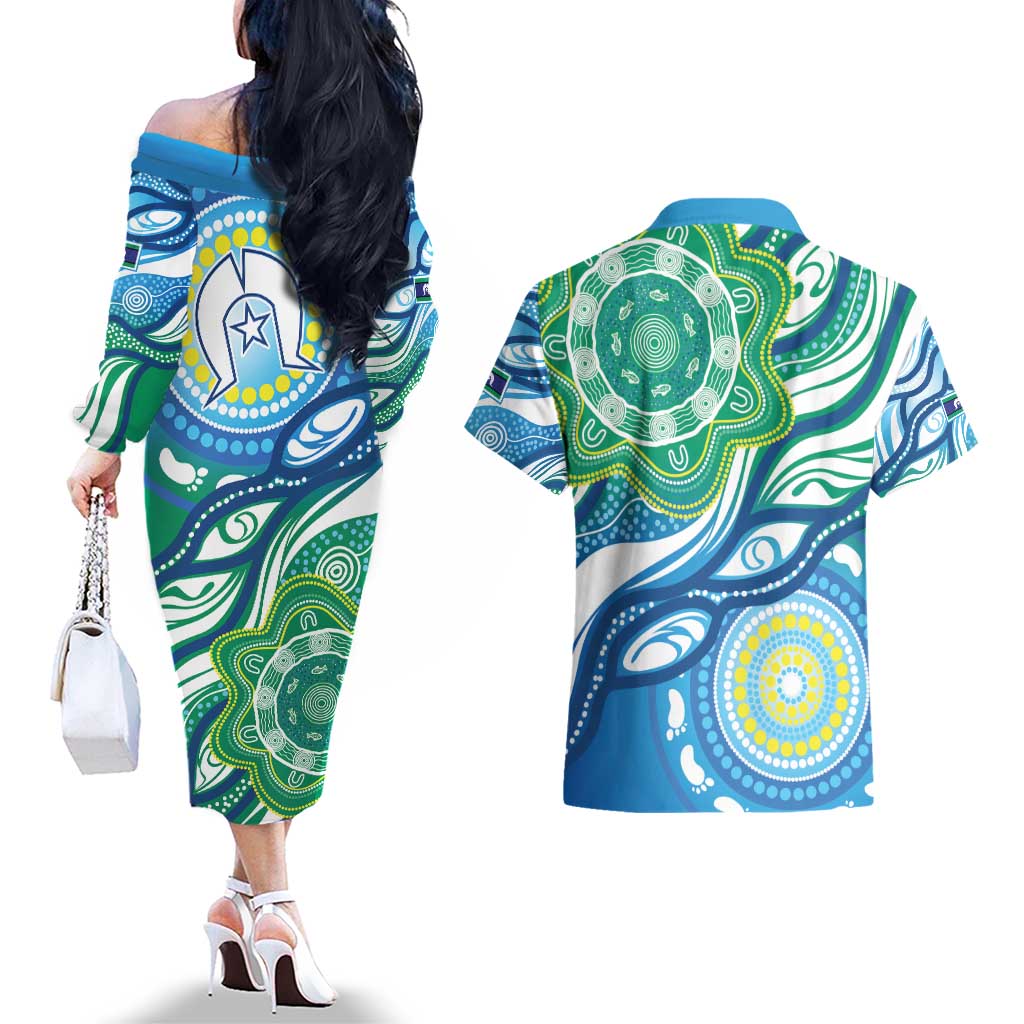 Torres Strait Islander Couples Matching Off The Shoulder Long Sleeve Dress and Hawaiian Shirt Aboriginal Blue Art