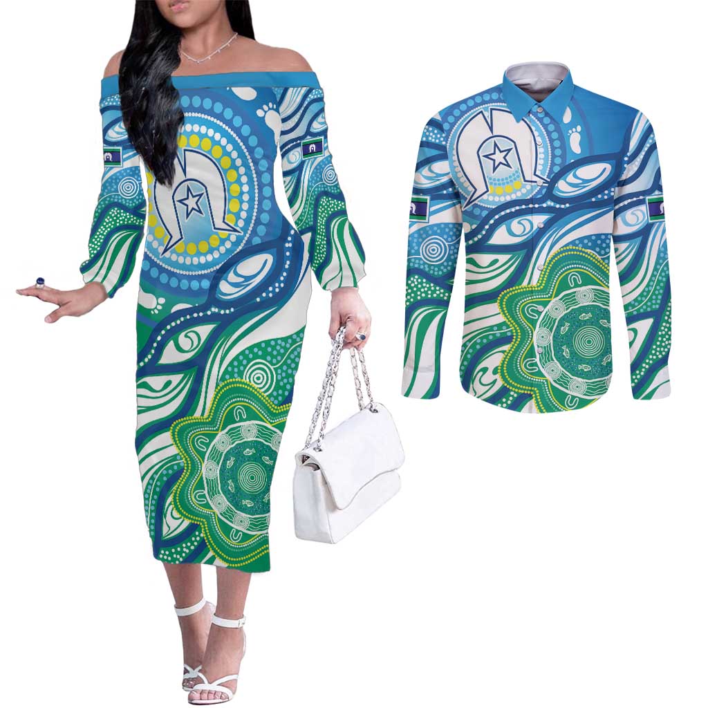 Torres Strait Islander Couples Matching Off The Shoulder Long Sleeve Dress and Long Sleeve Button Shirt Aboriginal Blue Art