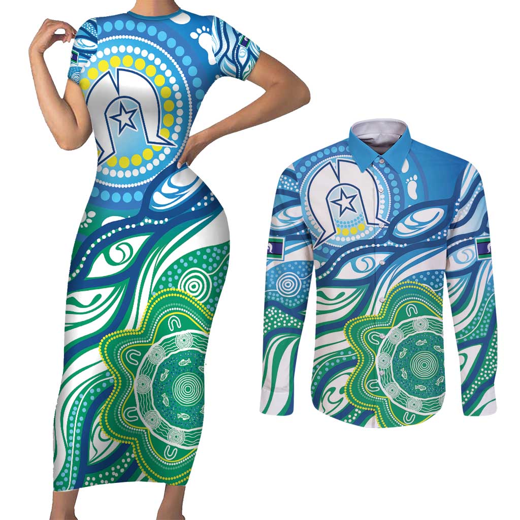 Torres Strait Islander Couples Matching Short Sleeve Bodycon Dress and Long Sleeve Button Shirt Aboriginal Blue Art