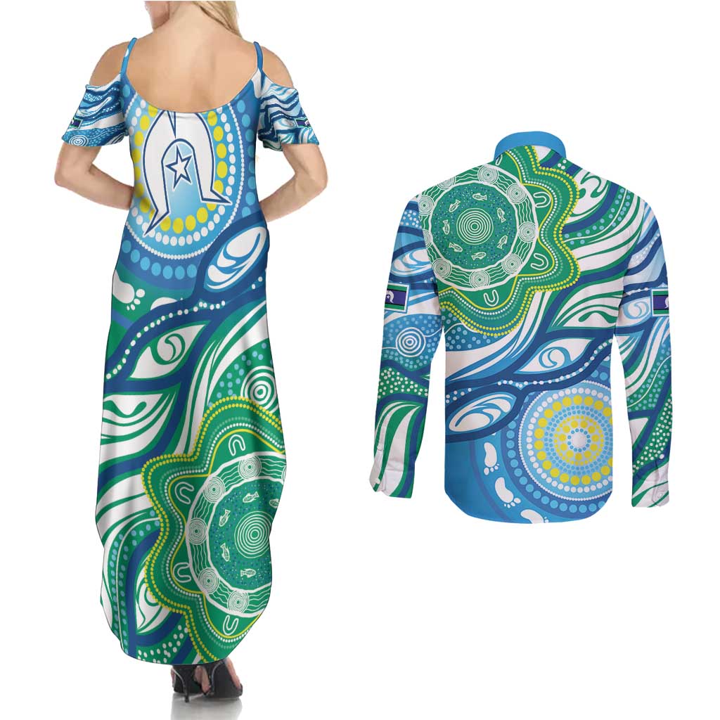 Torres Strait Islander Couples Matching Summer Maxi Dress and Long Sleeve Button Shirt Aboriginal Blue Art