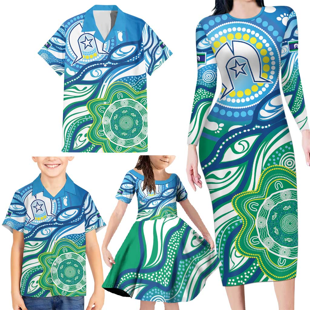 Torres Strait Islander Family Matching Long Sleeve Bodycon Dress and Hawaiian Shirt Aboriginal Blue Art