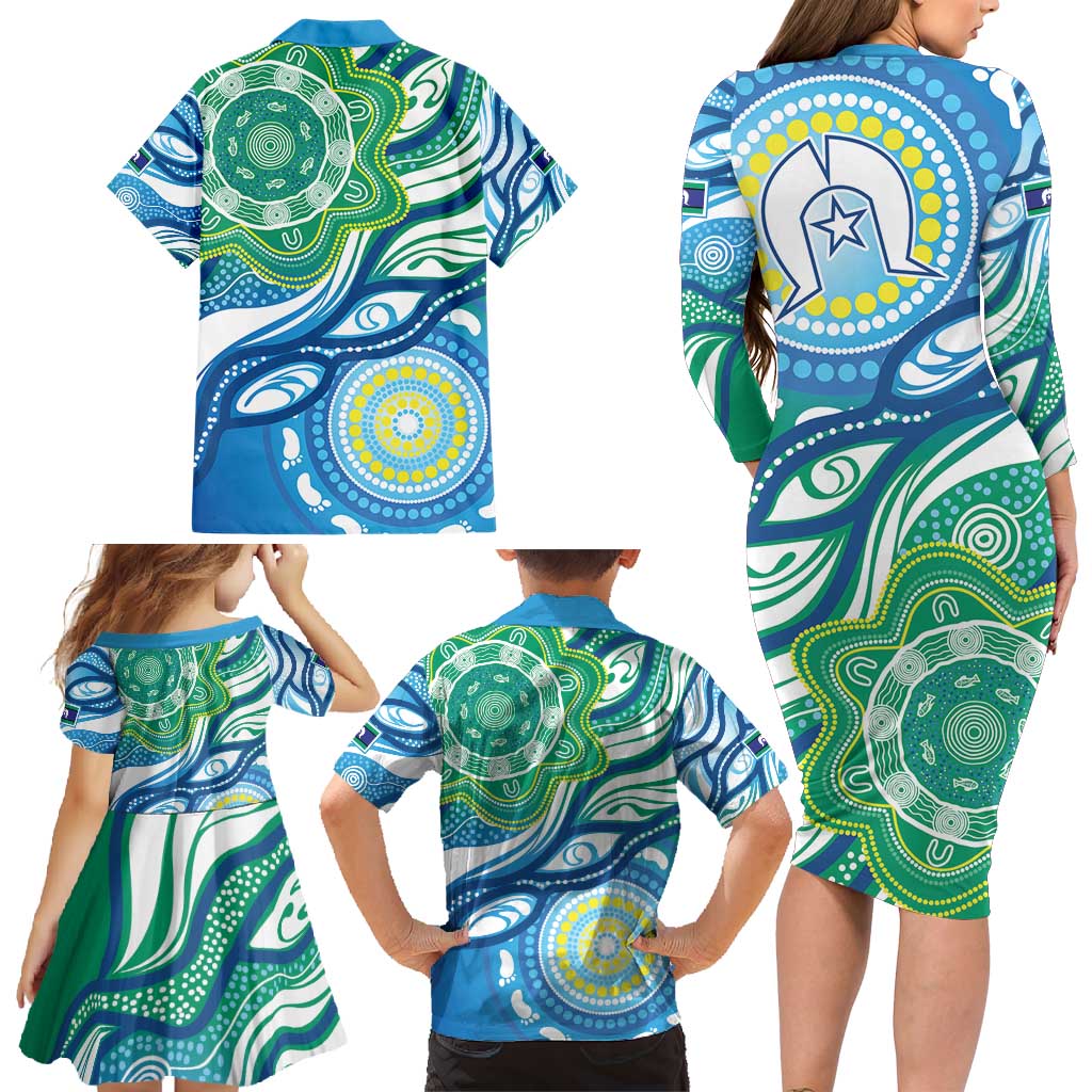 Torres Strait Islander Family Matching Long Sleeve Bodycon Dress and Hawaiian Shirt Aboriginal Blue Art