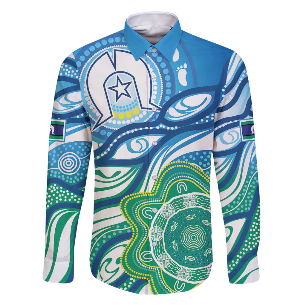 Torres Strait Islander Family Matching Long Sleeve Bodycon Dress and Hawaiian Shirt Aboriginal Blue Art