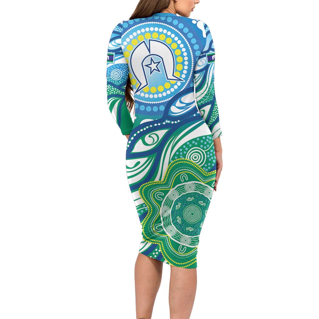 Torres Strait Islander Family Matching Long Sleeve Bodycon Dress and Hawaiian Shirt Aboriginal Blue Art