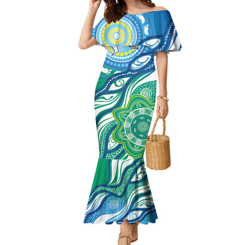 Torres Strait Islander Family Matching Mermaid Dress and Hawaiian Shirt Aboriginal Blue Art