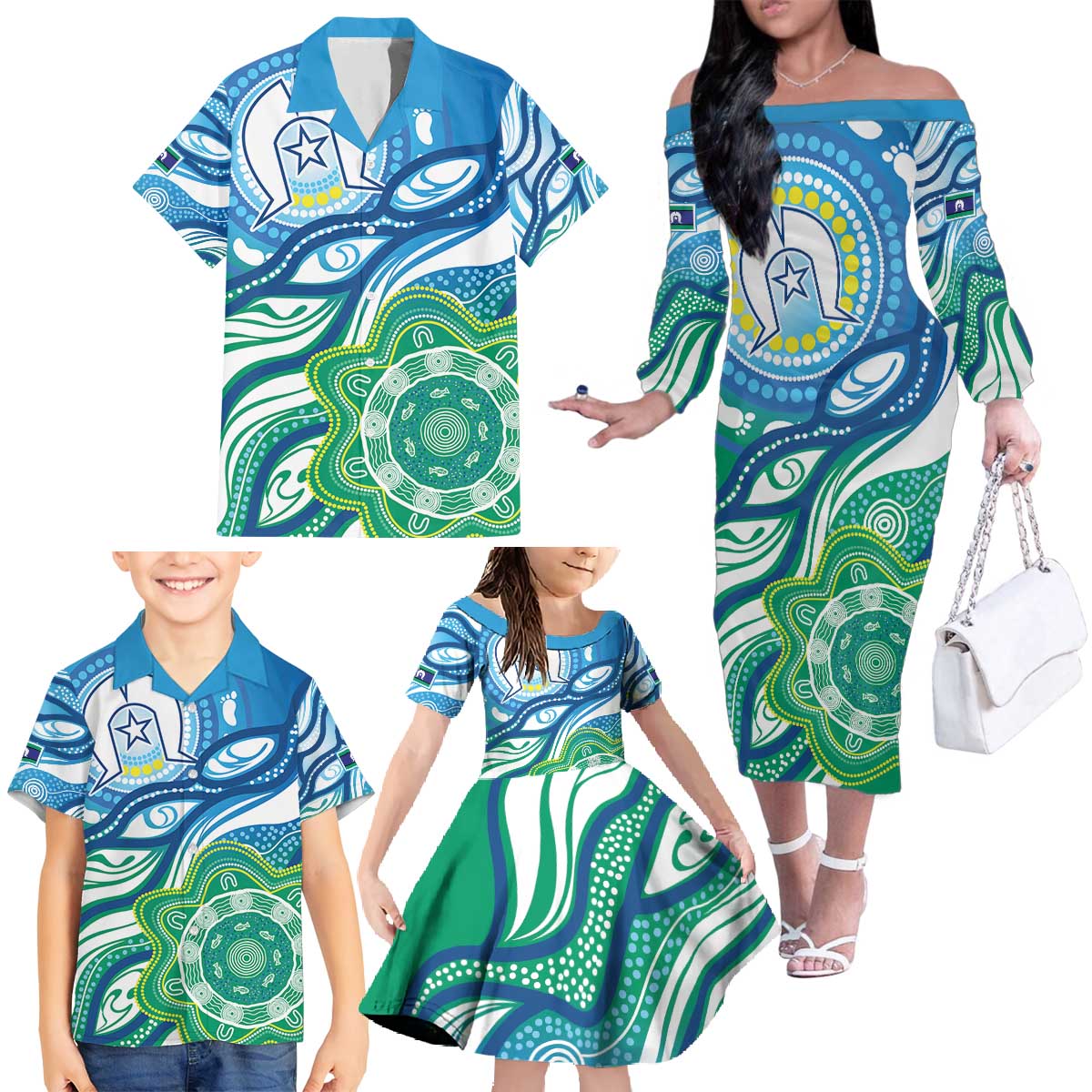 Torres Strait Islander Family Matching Off The Shoulder Long Sleeve Dress and Hawaiian Shirt Aboriginal Blue Art