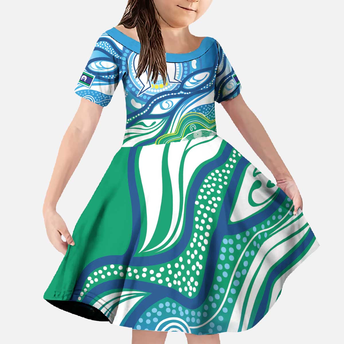 Torres Strait Islander Family Matching Off The Shoulder Long Sleeve Dress and Hawaiian Shirt Aboriginal Blue Art