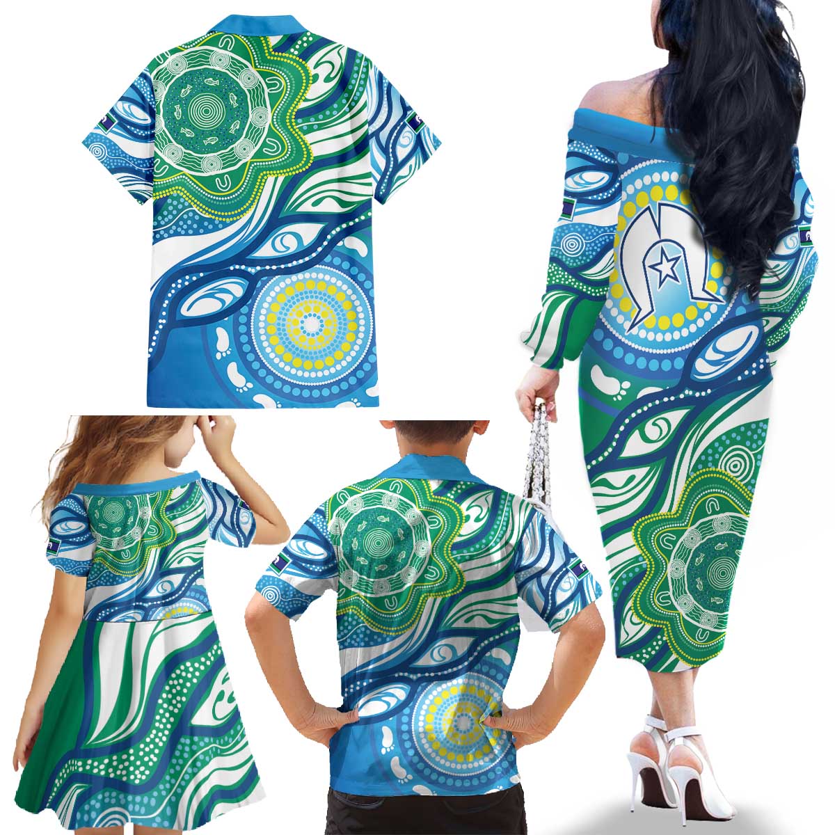 Torres Strait Islander Family Matching Off The Shoulder Long Sleeve Dress and Hawaiian Shirt Aboriginal Blue Art