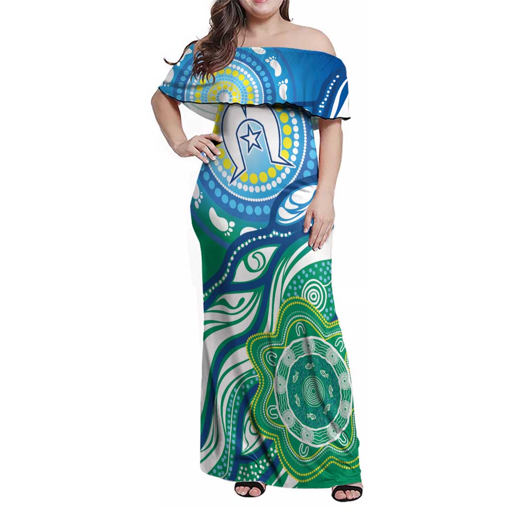 Torres Strait Islander Family Matching Off Shoulder Maxi Dress and Hawaiian Shirt Aboriginal Blue Art