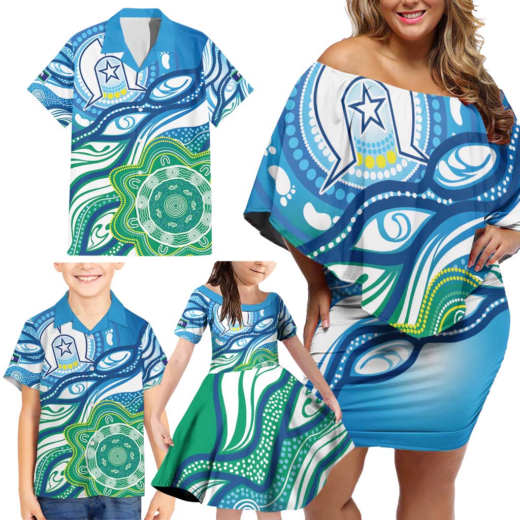 Torres Strait Islander Family Matching Off Shoulder Short Dress and Hawaiian Shirt Aboriginal Blue Art