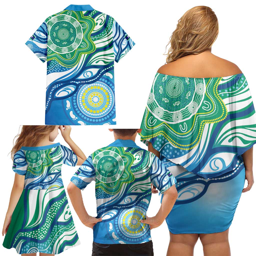 Torres Strait Islander Family Matching Off Shoulder Short Dress and Hawaiian Shirt Aboriginal Blue Art