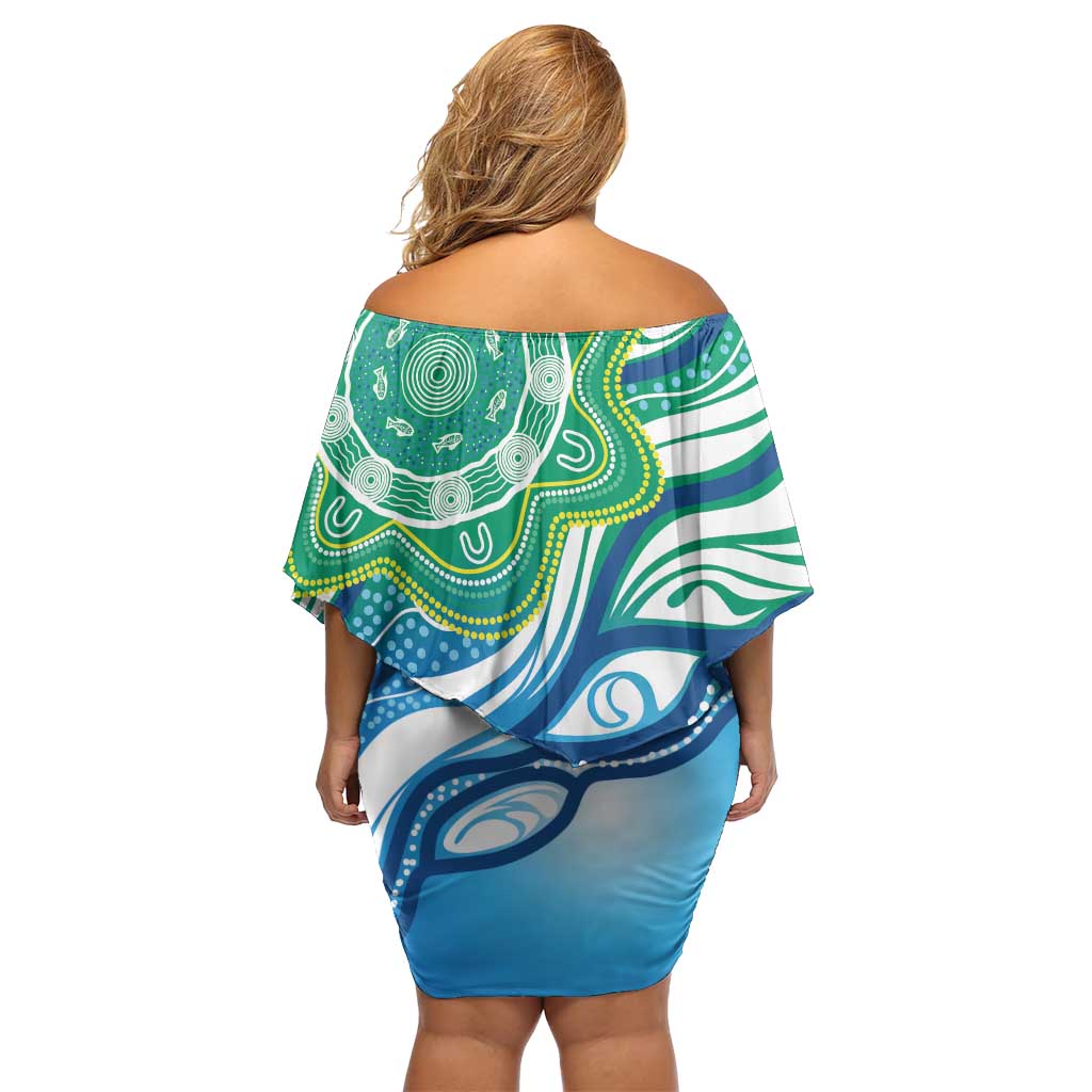 Torres Strait Islander Family Matching Off Shoulder Short Dress and Hawaiian Shirt Aboriginal Blue Art